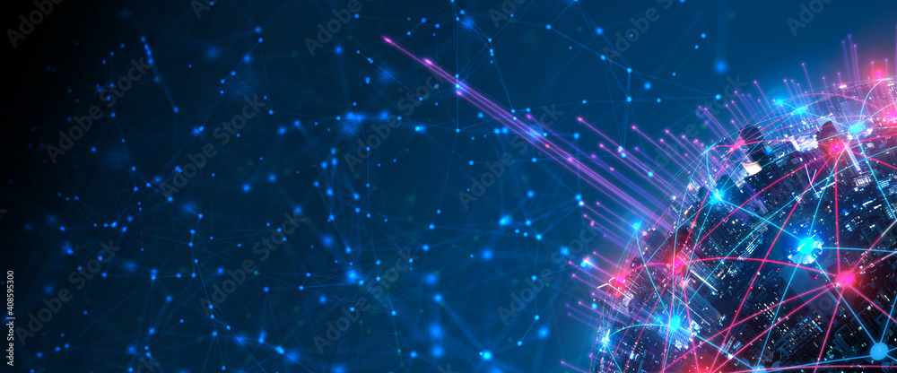 Wall mural modern city with wireless network connection and city scape concept.wireless network and connection 