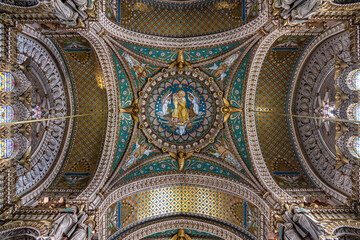 Fototapeta na wymiar Inside the Basilica of Notre-Dame of Fourviere in Lyon, France, Europe