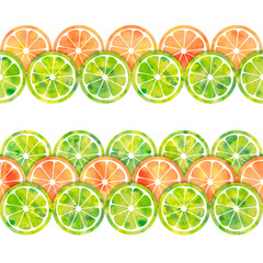 Watercolor slices of lime and orange. Seamless horizontal border. Isolated on white background. Watercolor stock illustration. Design for border,paper scotch tape, packing tape.