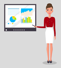 Girl with a pointer in her hand giving a presentation on the screen. Business woman wearing a red blouse presents a report. Pretty young slim woman in business clothes. The teacher leads the lesson