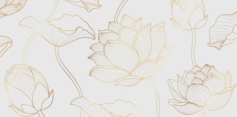 Gold lotus line pattern. Golden design with lotus flower and leaves on white background. Vector illustration. - 408596145