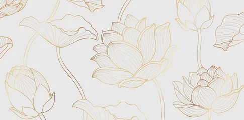 Foto op Canvas Gouden lotus lijnpatroon. Gouden ontwerp met lotusbloem en bladeren op witte achtergrond. Vector illustratie. © lightgirl
