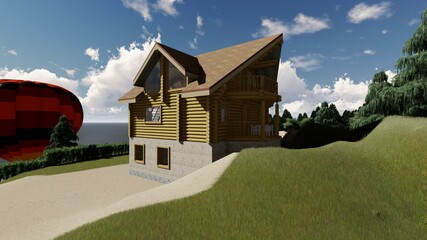 Porch of the big wooden house combined from logs