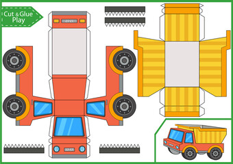 Cut and glue 3d paper truck. Kids craft worksheet. Children art game. Kids crafts activity page. 3d gaming puzzle. Vector illustration.