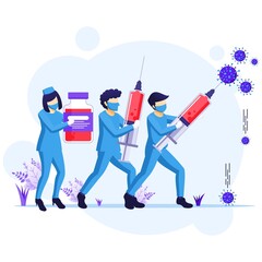 Doctor and nurses fight Covid-19 coronavirus concept, disinfecting virus cells illustration