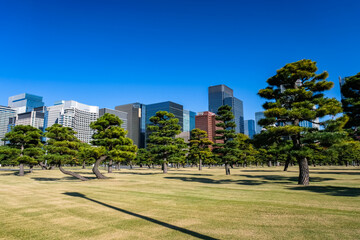東京都 皇居外苑の自然と丸の内、高層ビル群
