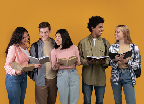 Students study in library, young people spend time together and search information