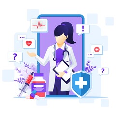 Online doctor concept, online medical health care assitance illustration