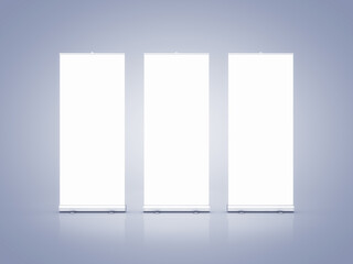Blank rollup banners. Empty presentation mockup stands.