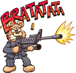 Cartoon bear with scar on face, shooting a machine gun. Vector clip art illustration with simple gradients. Bear and sound effect on separate layers.
