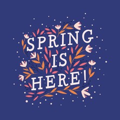 Naklejka premium Colorful decorative handwritten typography design with flowers and decoration. Spring hand lettering illustration design.