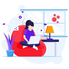 Work from home concept, A woman sitting on sofa using laptop, stay at home on quarantine during the Coronavirus Epidemic illustration