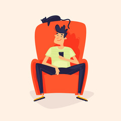 Man is watching TV. Flat design vector illustration.	