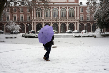 Mulhouse - France - 14 January 2021 - Portrait on back view of woman with a purple umbrella standing in a public garden by snoy day