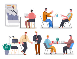 Set of office workers. Woman studying analytics at laptop. Colleagues discuss project at table. Employees gossip while coffee break. Woman and man communicate in office. Cartoon flat characters