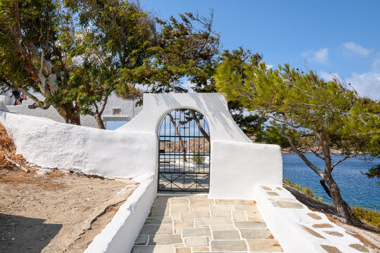 Entrance to the church of Agia Irini (Saint Irene) near the port of Ios. Cyclades, Greece