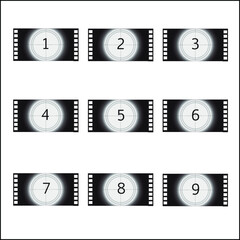 Number 1-9 cinema movie countdown icon set introduction screen in black and white. Panorama banner for business movie concepts.	