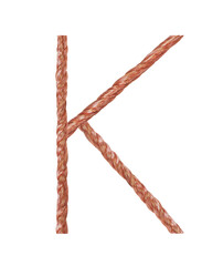 Letter K made of copper wire  isolated on white background