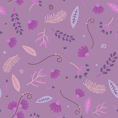 Seamless pattern of purple, pink handdrown flowers and blue, gray leafs and plants on dark violet  background. Vector illustration.