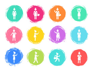 Set of business woman white silhouettes icons in round frames of different colors. Women in action. Lady dressed formally full length. Businesswoman activities at work. Positions and actions of a