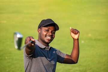 African American of young man and happy making selfie photo while standing together with golf...