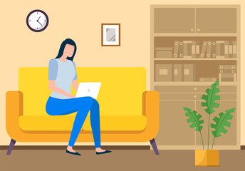 A girl with a laptop sitting on the sofa at home or office, woman holding a video conference with colleagues or friends, online communication concept. Female sitting with computer, videoconferencing