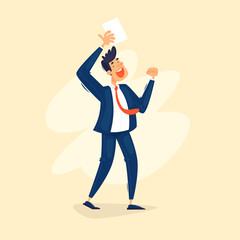 Businessman signed a contract, joy, success. Flat design vector illustration.	