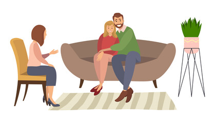 Happy married couple on couch and female psychologist or psychotherapist sitting in front of them in consultation. Resolved family conflict, relationship problem, reconciliation flat illustration