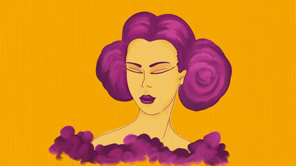Abstract Art young woman Portrait. Lady with closed eyes, purple hair and lips on bright yellow textured background. Woman with elegant hairstyle in evening dress. Oil painting.