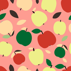Bright fruit seamless pattern with colorful apples on the pink background. Fruit repeated background. Vector bright print for fabric or wallpaper.