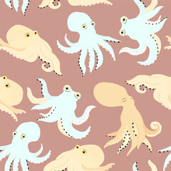 Vector seamless pattern with octopuses in hand-drawn style . Beautiful seamless pattern. Vector  print for fabric or wallpaper.
