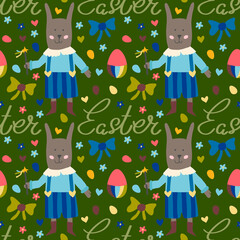 Vector seamless pattern with happy Easter lettering, cute Easter bunny in blue pants with magic wand. Bows, decorated eggs, hearts, flowers. Dark green background.