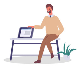 Office worker sitting on a bench with a laptop. Businessman or a clerk sitting in the hallway waiting for meeting with computer flat style illustration. Smiling bearded man office worker enterpreneur