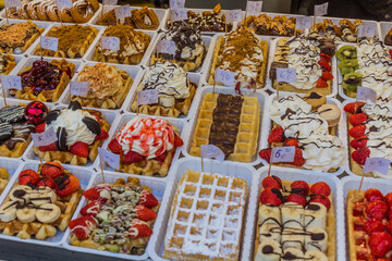 Various types of waffles for sale in Brussels, Belgium