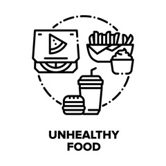 Unhealthy Food Vector Icon Concept. Burger And Drink, Fried Potato With Sauce And Pizza, Restaurant Food Fatness Menu. Fat Nutrition Lunch And Dinner, Tasty Junk Meal Black Illustration