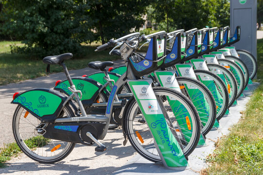Almaty, Kazakhstan - July, 14, 2020: Street station of automated bike rental of samruk kazyna. Selective focus