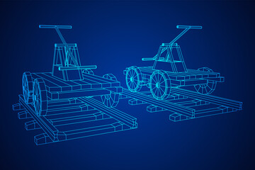 Handcar transportation. Draisine or rail vehicle. Wireframe low poly mesh vector illustration.