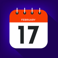 February day 17. Number seventeen on a white paper with orange color border on purple background vector.