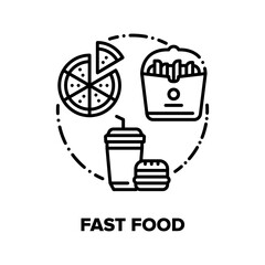 Fast Food Eat Vector Icon Concept. Burger And Soda Drink, Pizza And Fried Potato Unhealthy Street Food. Restaurant Or Cafe Dish Menu, Take Away Or Delivery Service Black Illustration