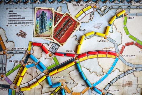 Minsk, Belarus - January 26, 2021: Ticket to ride Europe boad game