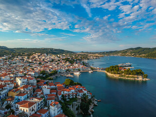 Fototapeta premium Aerial panoramic view over Chora town in Skiathos island, Sporades, Magnesia, Greece