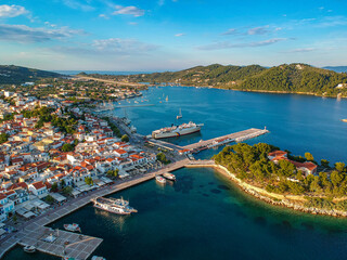 Aerial panoramic view over Chora town in Skiathos island, Sporades, Magnesia, Greece