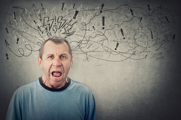 Angry middle aged man screaming and yelling. Negative human emotion, bully senior male reacting...