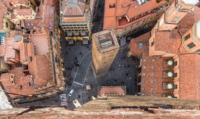 Aerial view of Piazza di Porta Ravegnana square in Bologna, Italy