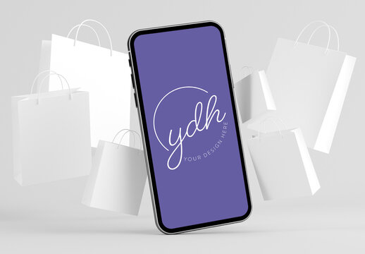 Floating Mobile Mockup Surrounded by White Shopping Bags