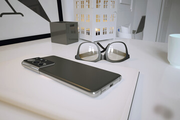 Close-up of a smartphone placed in the workplace.