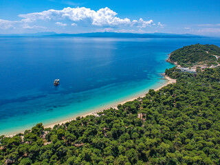 Fototapeta na wymiar Aerial view over Koukounaries beach in Skiathos island, Sporades, Magnesia, Greece