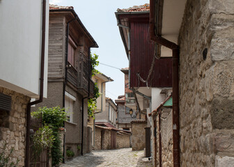 Fototapeta premium Houses in old historical centre of the town Nesebar, UNESCO World heritage site, Bulgaria.