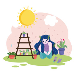 Gardening, girl with gloves potted flowers plants on shelf