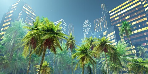 Fototapeta na wymiar Skyscrapers in the palm trees, palms and high-rise buildings, skyscrapers in the Jungle, beautiful rainforest in the fog, palm trees in the haze, the jungle in the morning in the fog, 3D rendering